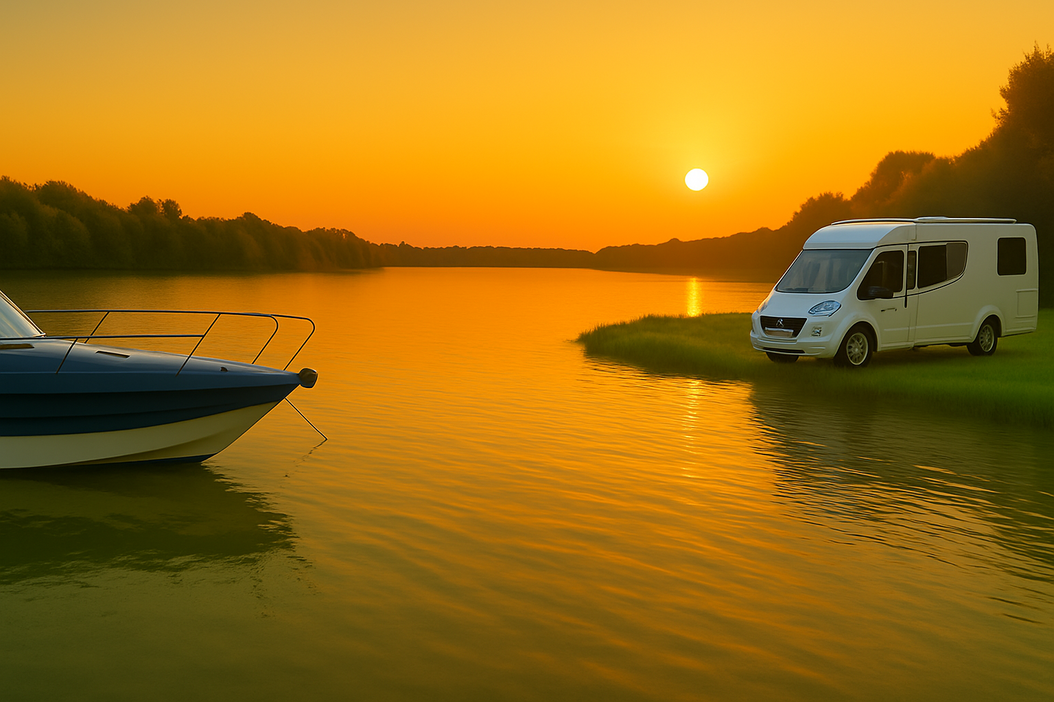 Boot & Wohnmobil am See bei Sonnenuntergang